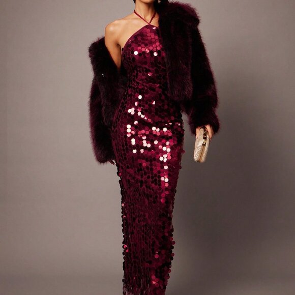 Red Casual Women's Sexy Backless Sequined Spaghetti Strap Cocktail Dress - Picture 1 of 7